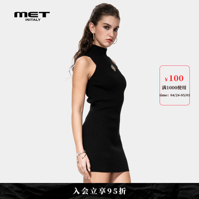MET initaly早春美式复古高领无袖针织连衣裙女修身收腰气质短裙