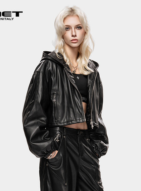 MET initaly冬季新款休闲风连帽短款潮酷皮衣女夹克黑色拉链外套