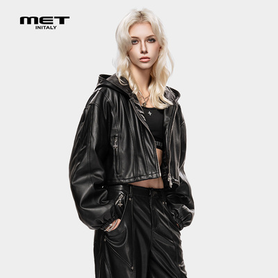 MET initaly冬季新款休闲风连帽短款潮酷皮衣女夹克黑色拉链外套