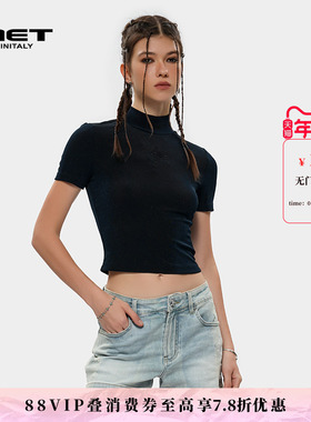 MET initaly麦特复古潮牌黑色短袖T恤女夏季新款简约休闲短上衣