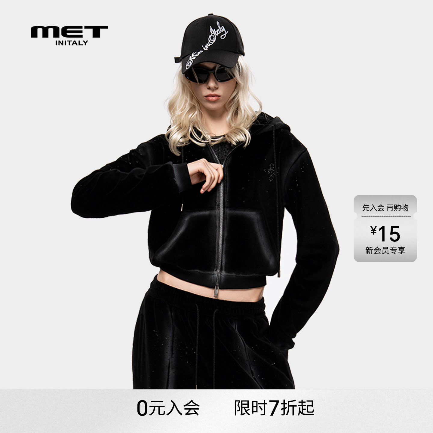 MET initaly麦特复古连帽丝绒拉链外套女早春新款长袖卫衣