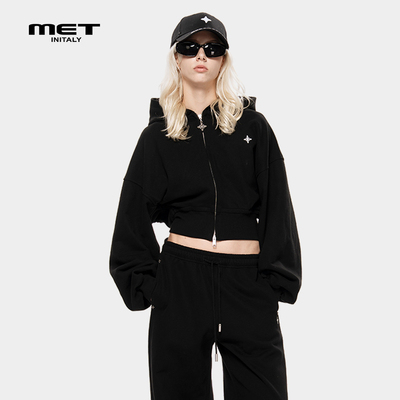 MET initaly麦特美式复古短外套女秋季休闲百搭连帽开衫拉链卫衣