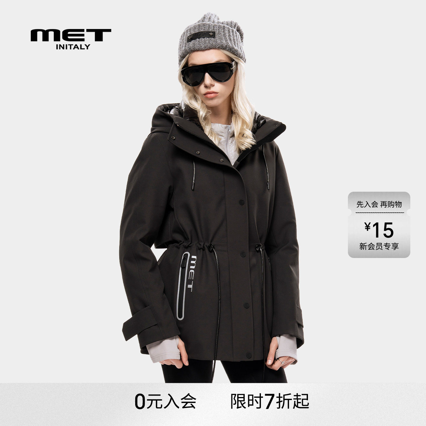 MET initaly老爹风连帽中长款羽绒服女早春新款收腰派克服保暖