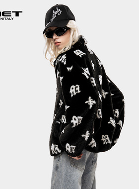 MET initaly美式哥特风满印字母开衫女冬季新款短外套拉链潮牌