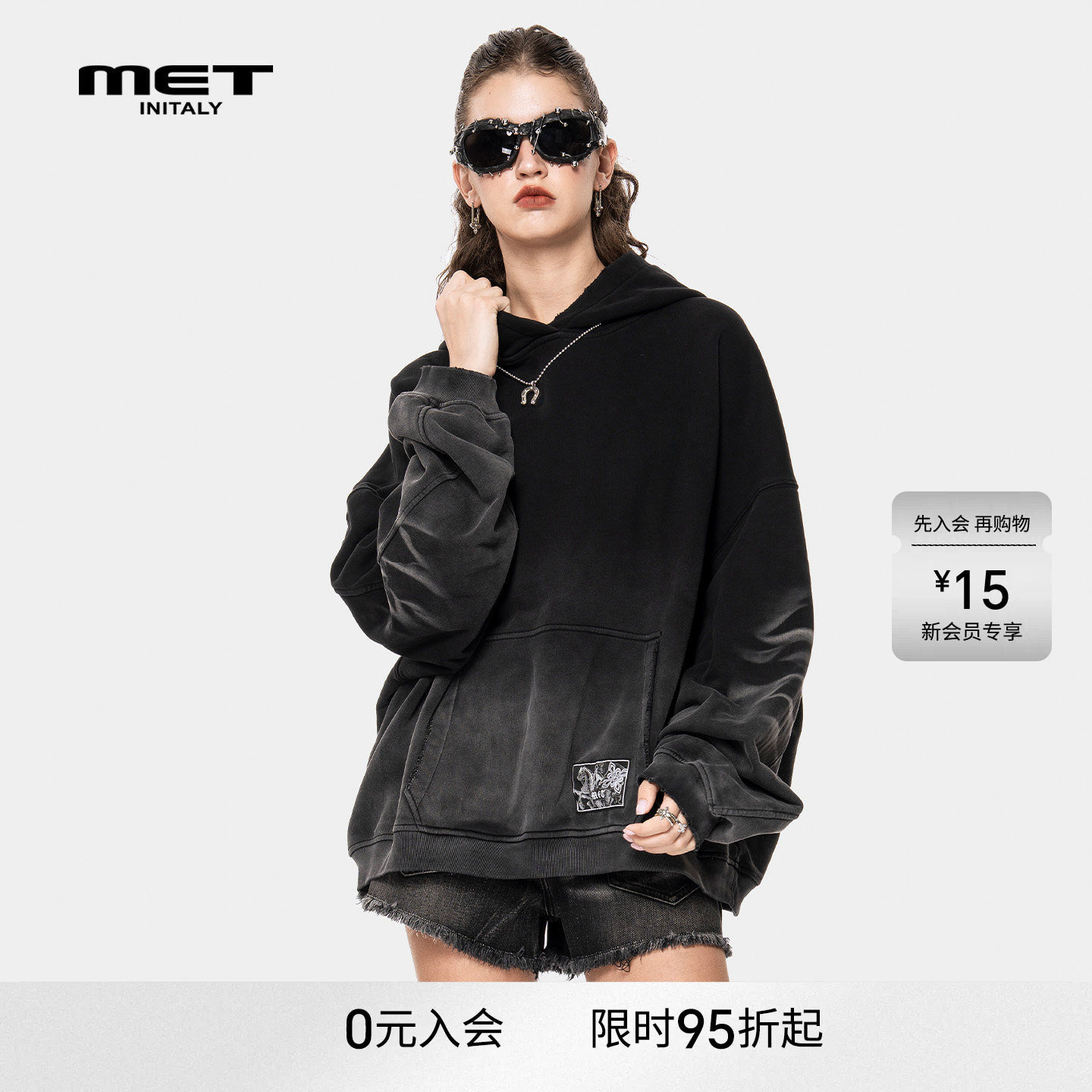 MET initaly早春美式复古做旧连帽卫衣女宽松休闲黑色潮牌上衣男