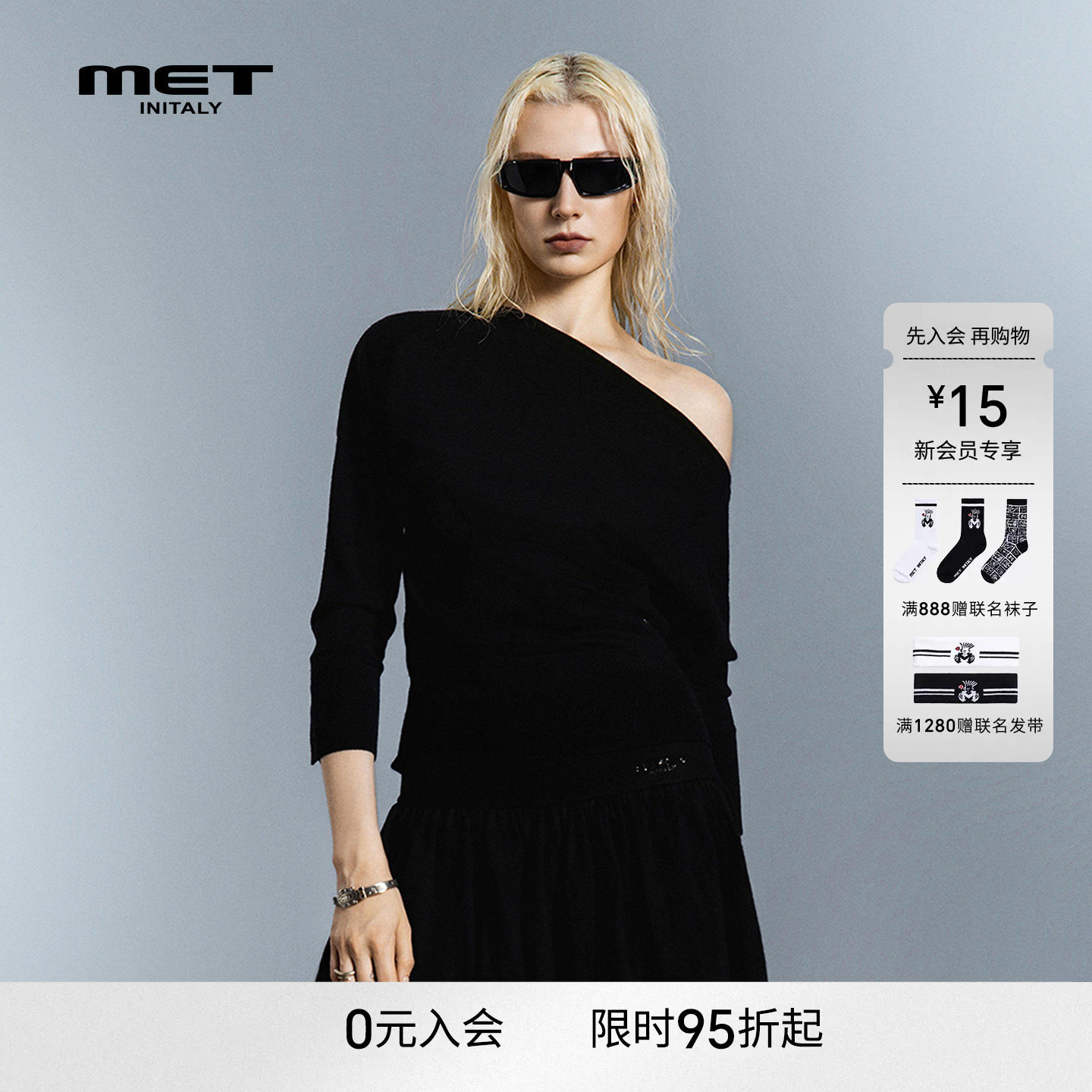 MET initaly麦特黑色单肩露肩针织衫女长袖不对称设计毛衫上衣