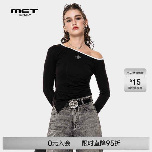 MET initaly麦特美式复古黑色斜肩长袖T恤女撞色修身显瘦性感上衣