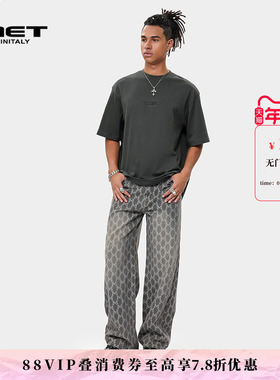 MET initaly麦特复古印花做旧潮牌牛仔裤男夏季新款直筒裤子