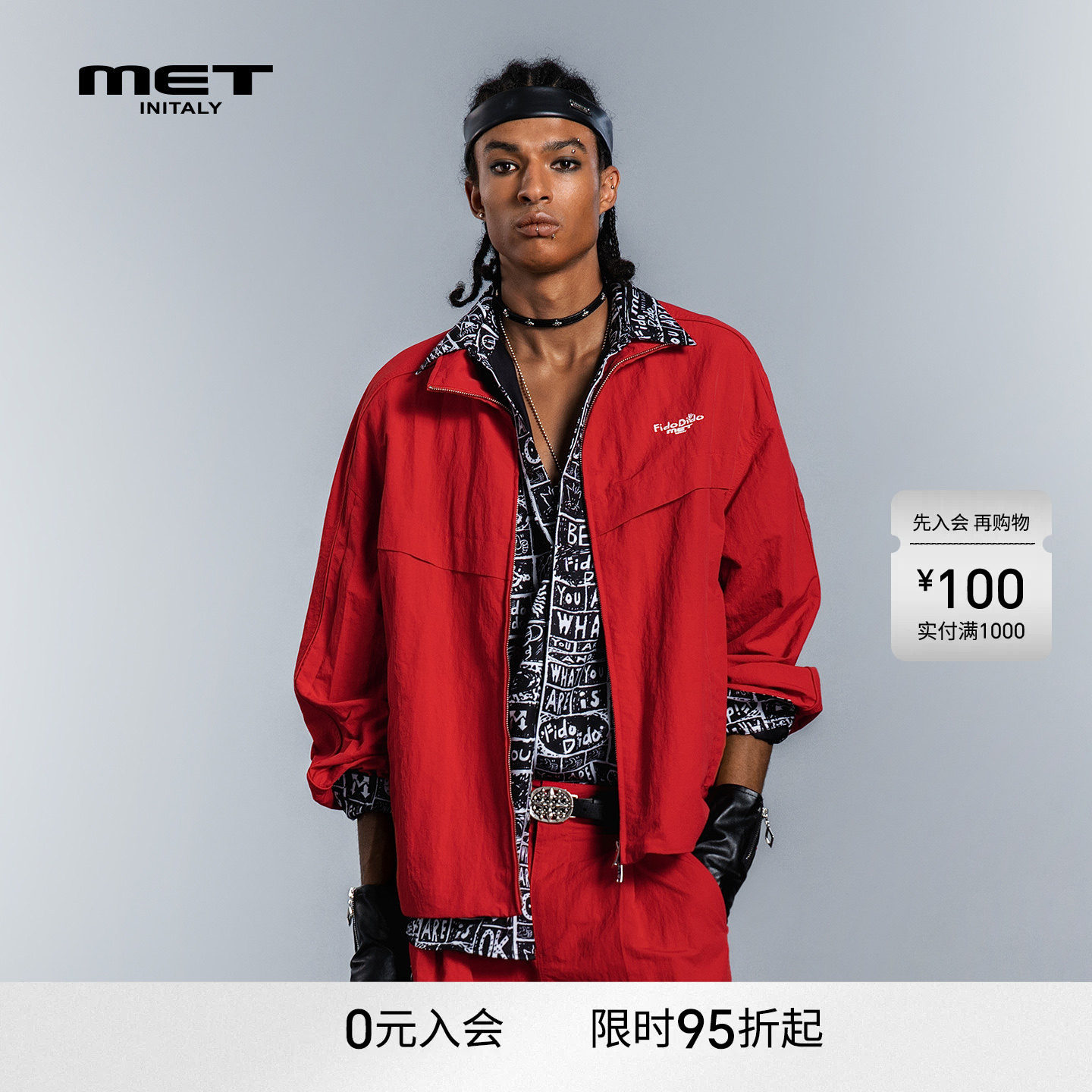 MET initalyFido Dido联名红色立领夹克男宽松拉链外套女运动风