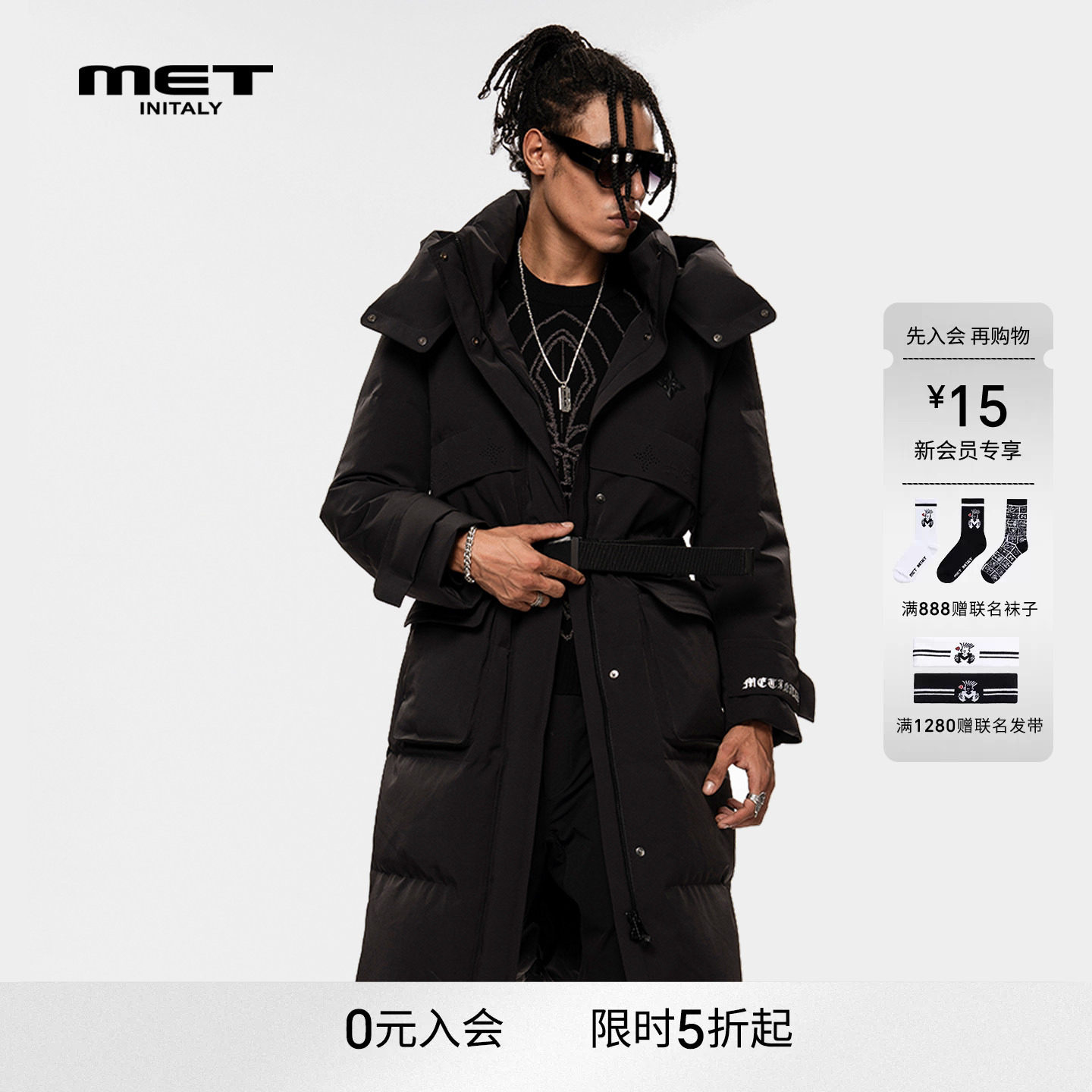 MET initaly麦特黑色长款连帽羽绒服男早春新款工装风保暖外套女