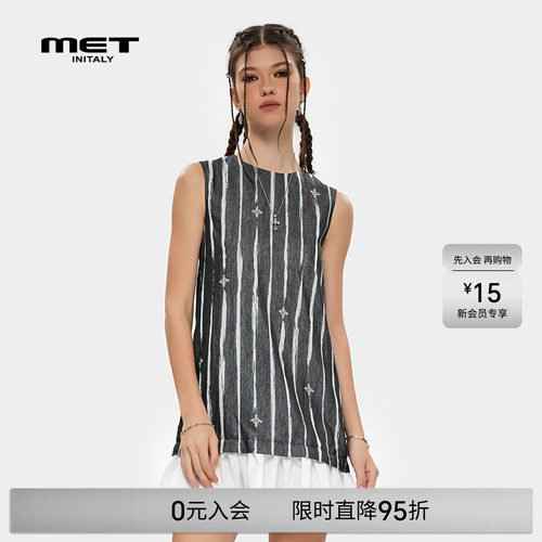 MET initaly麦特条纹拼接撞色复古风无袖裙子女夏季新款连衣裙
