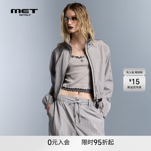 MET initaly早春休闲风立领拉链短外套女宽松抽绳夹克极简风