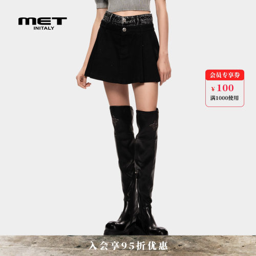 MET initaly黑色高腰百褶半身裙女秋冬新款学院风A字短裙显瘦