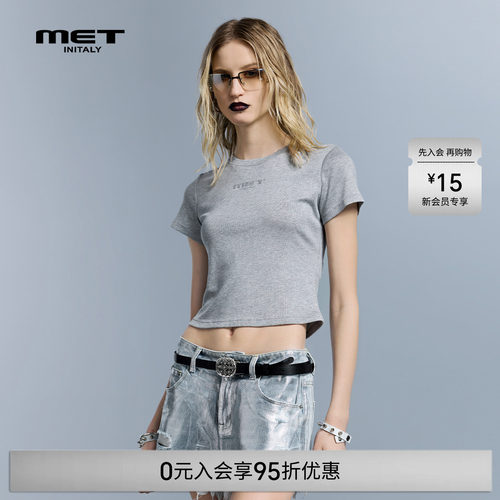 MET initaly夏新款初代灰色短袖T恤女辣妹风修身显瘦短款露脐上衣