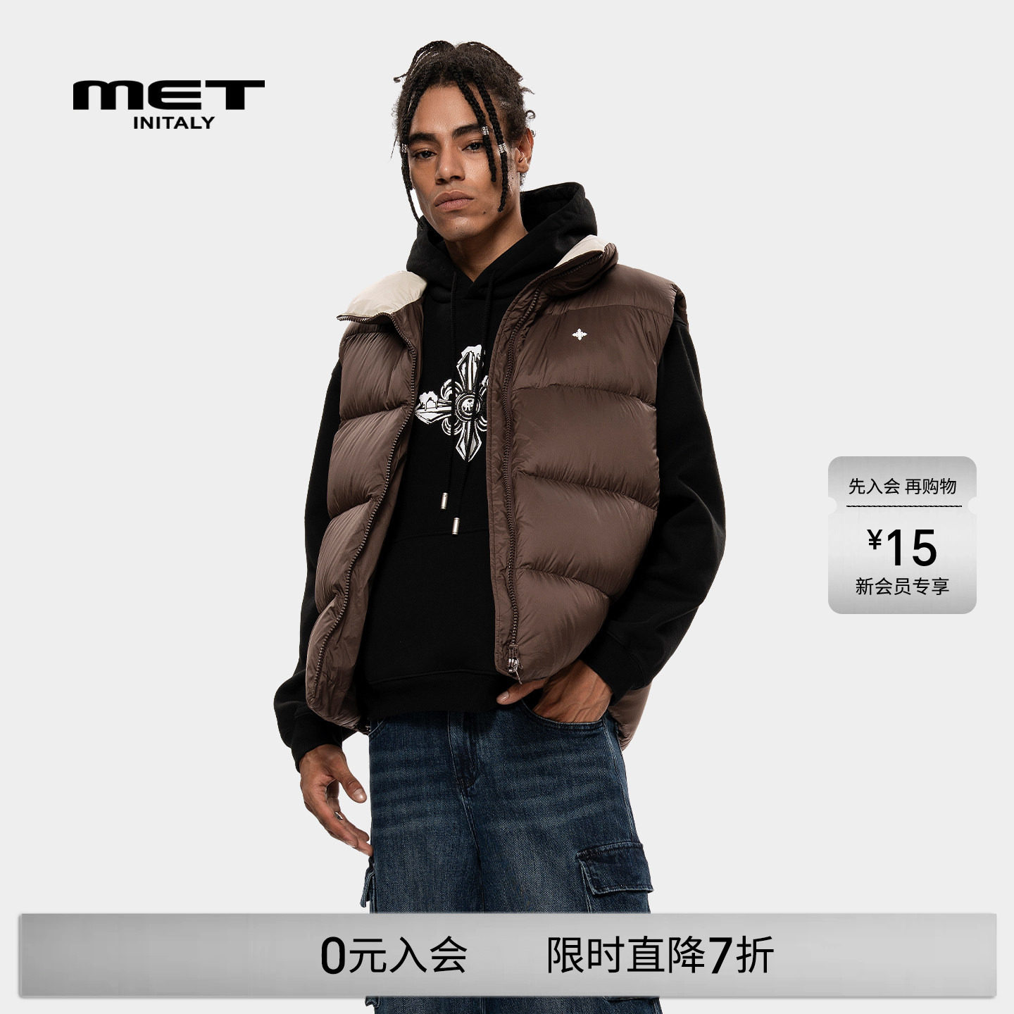 MET initaly麦特冬季新款羽绒马甲男女潮流百搭拉链保暖上衣