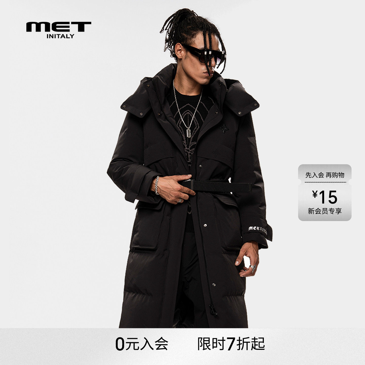 MET initaly麦特黑色长款连帽羽绒服男早春新款工装风保暖外套女