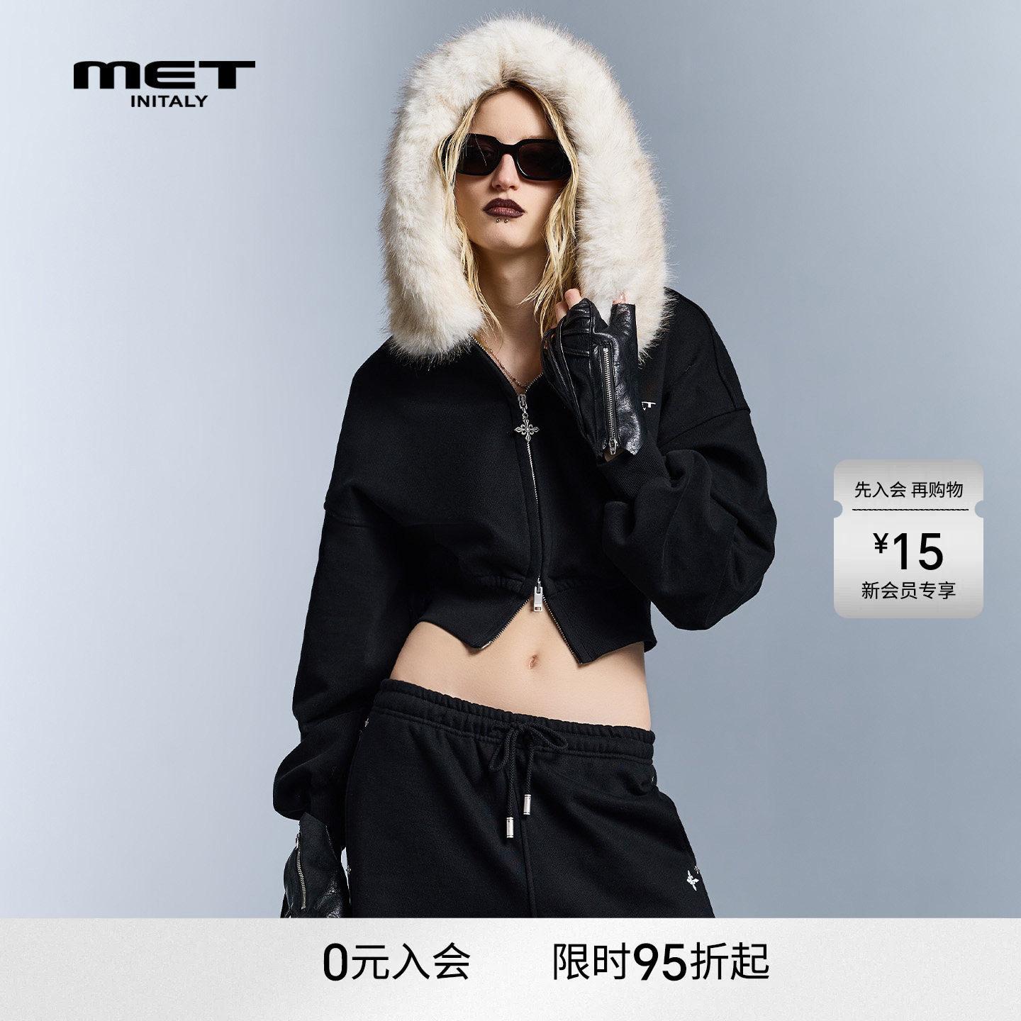 MET initaly美式复古连帽短外套女毛领拉链卫衣早春新款百搭上衣