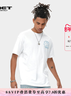 MET initaly麦特国朝刺绣街头风白色短袖T恤男夏季新款百搭上衣