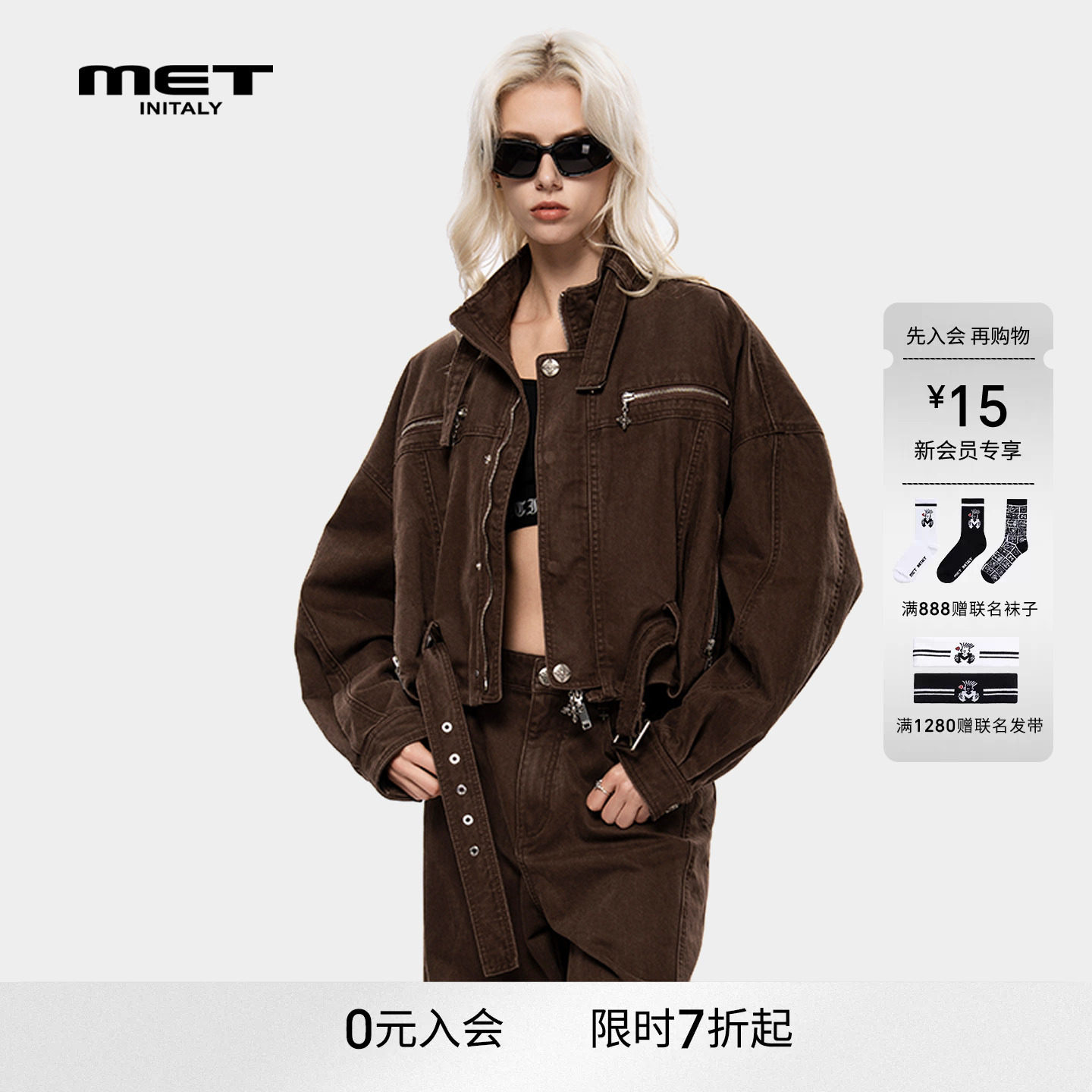MET initaly复古工装风短款机车风牛仔外套女秋冬宽松休闲夹克