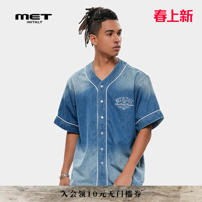 MET initaly麦特夏季新款美式复古渐变休闲衬衫百搭短袖T恤男