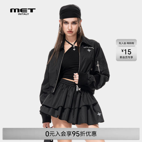MET initaly美式复古运动风短外套女黑色拉链夹克百搭显瘦休闲