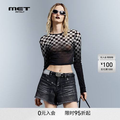 MET initaly早春设计感长袖T恤格纹透视网纱上衣女修身显瘦性感