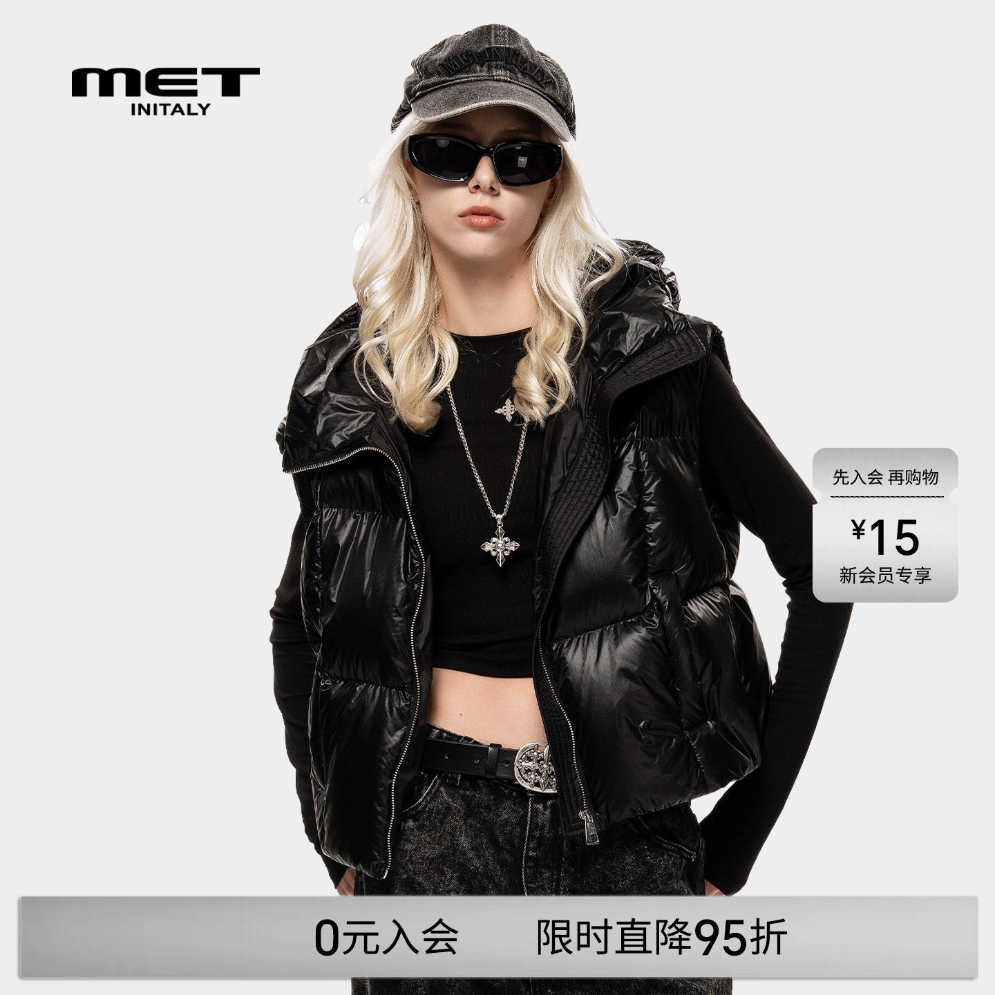 MET initaly麦特时尚潮流冬季新款连帽羽绒马甲女黑色保暖背心