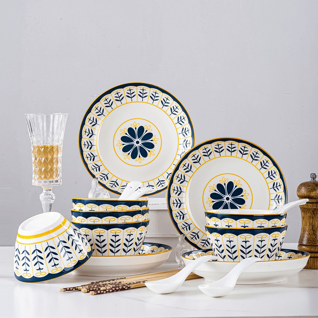 【陶园春】北欧兰花10件套家用陶瓷釉下彩斗笠米饭碗欧式餐具套装