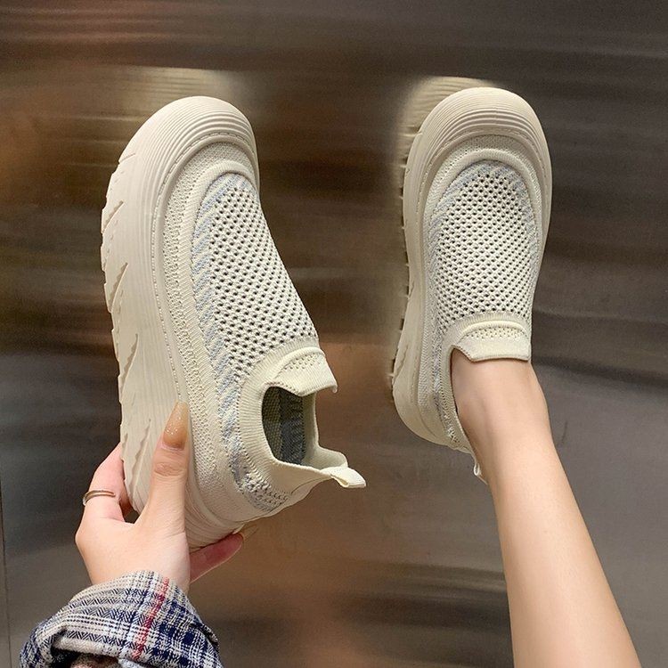 飞织运动鞋女款夏季透气网面厚底减震一脚蹬跑步鞋女健步鞋休闲鞋