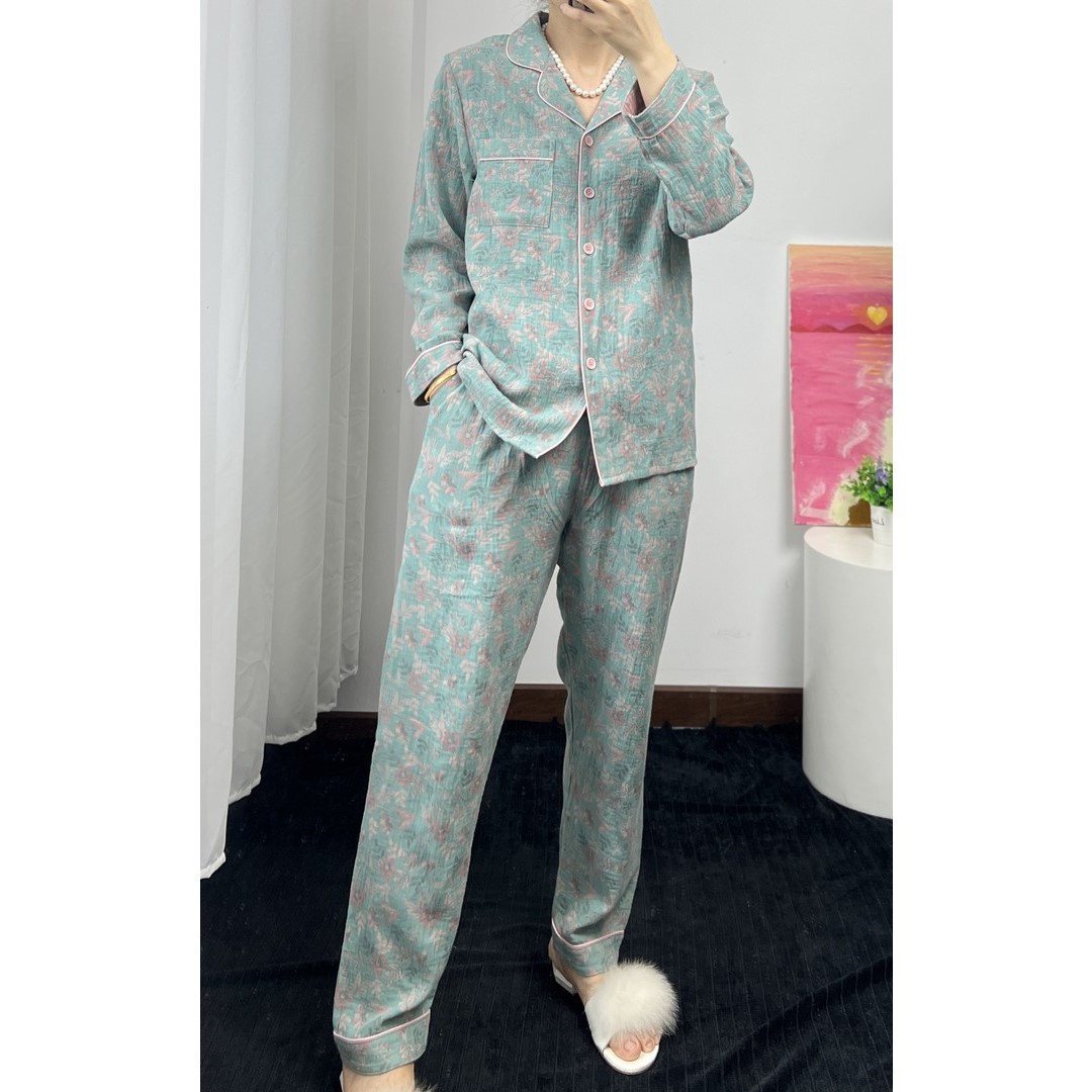 女士100%棉大提花双层纱舒适裤兜版四季睡衣家居服保暖套装21201