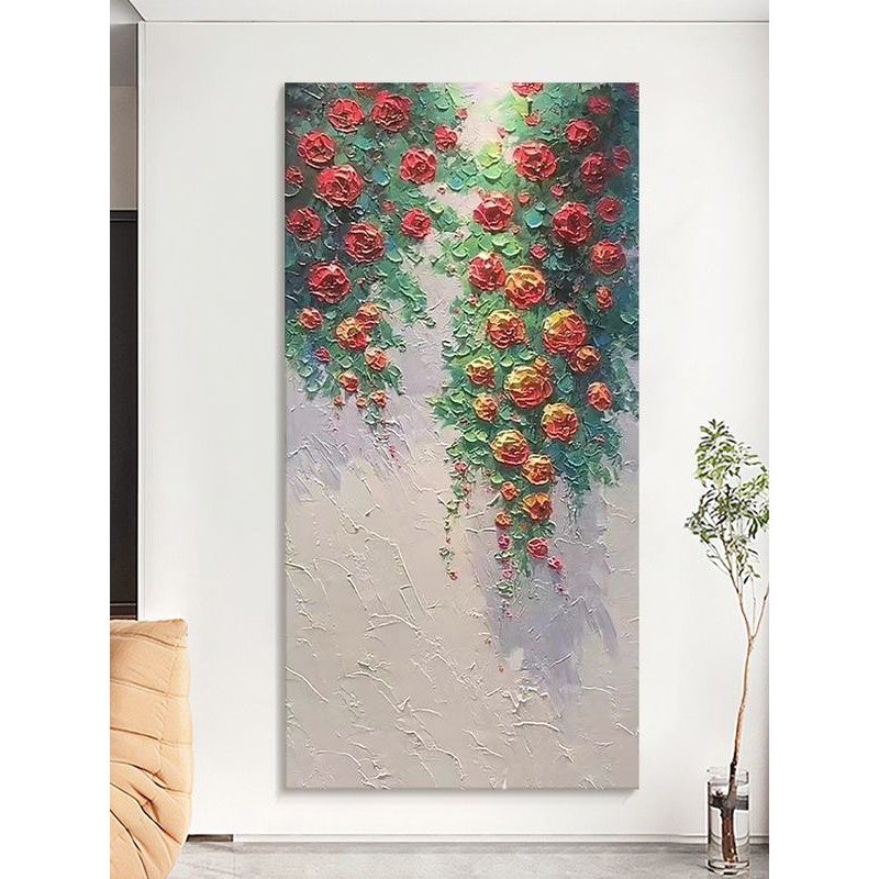 蔷薇花手绘油画抽象立体花卉客厅装饰画砂岩丙烯肌理玄关挂画潮流图片