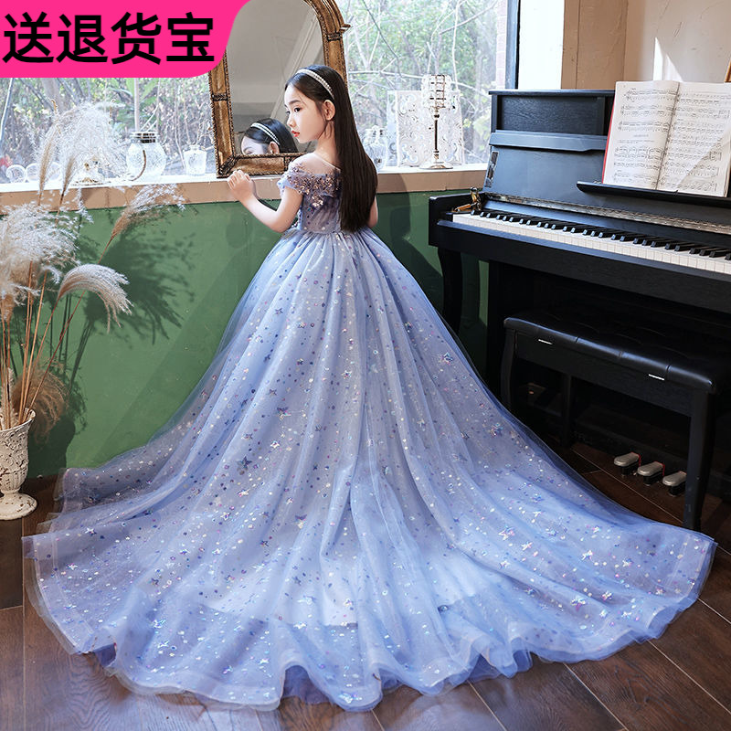 蓝色主持人儿童礼服公主裙高端洋气女童2025新款生日走秀演出服夏