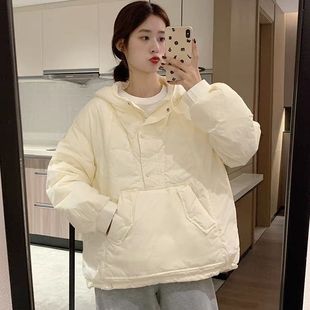 短款连帽套头羽绒服女2023新款韩版休闲小个子轻薄卫衣白鸭绒外套