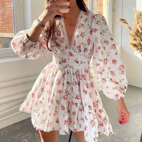 Temperament Sweet Print V-Neck Lace Short Dress