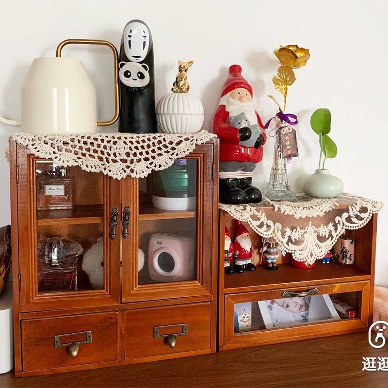 两件套装复古盲盒柜实木质杯子桌面收纳盒化妆品大容量水杯置物架,收纳整理,桌面收纳盒,淘宝优惠券,粉丝福利购,淘宝优惠卷