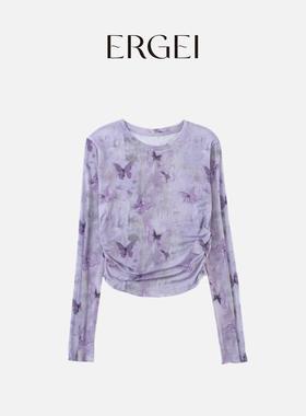 【紫丁香】碎花长袖印花防晒衫百搭时尚扎染设计师时尚紫色蝴蝶罩