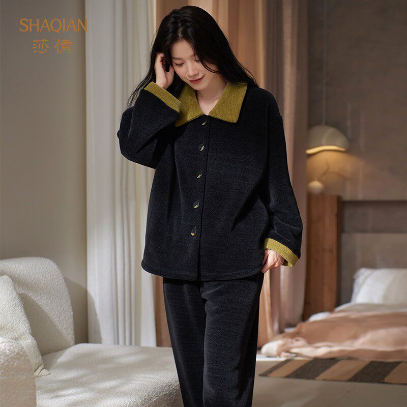 莎倩冬季睡衣女2024年新款一体绒家居服加厚加绒珊瑚绒可外穿套装