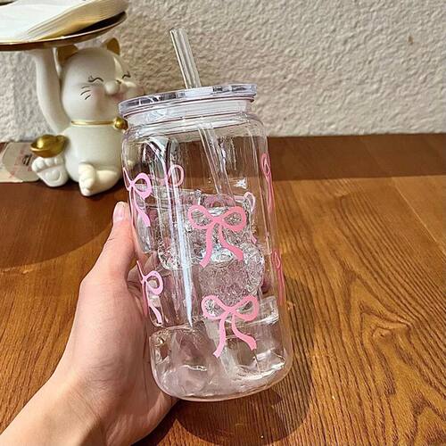 500Ml Pink Bow Print Water Bottle Drinking Can Iced Hot Coff