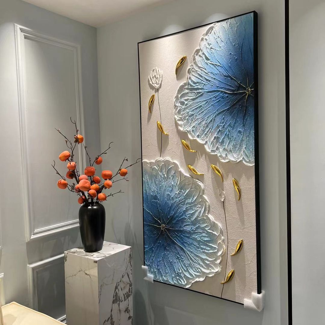 新中式荷花鱼砂岩纯手工手绘工艺油画装饰画复古玄关过道挂画壁挂图片