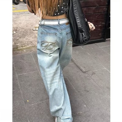 【现货+运费险】美式复古牛仔裤女夏秋季高腰宽松显瘦阔腿拖地裤
