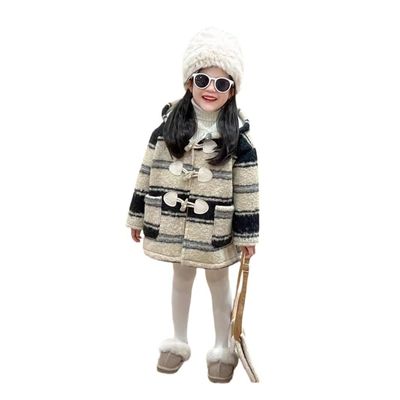 冬季男女童加厚保暖加绒宽松条纹毛呢大衣牛角扣外套毛线内搭单拍