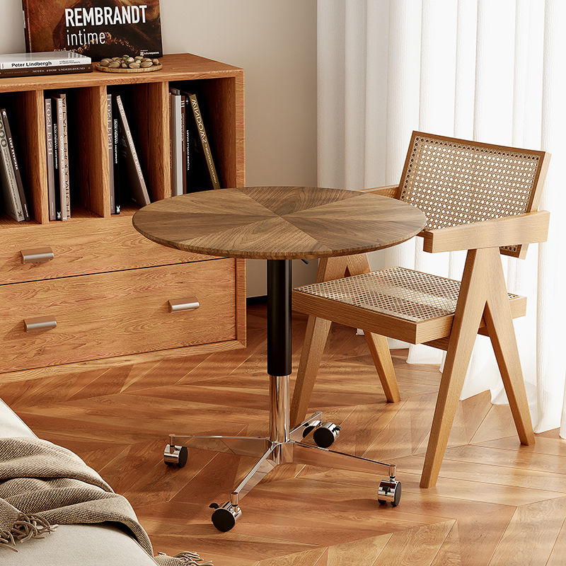新款胡桃木实木中古风带轮子可移动可升降圆桌子沙发边几餐桌茶桌