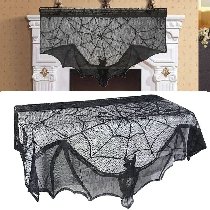 Halloween Decoration Bats Tablecloth Black Lace Spider Web C