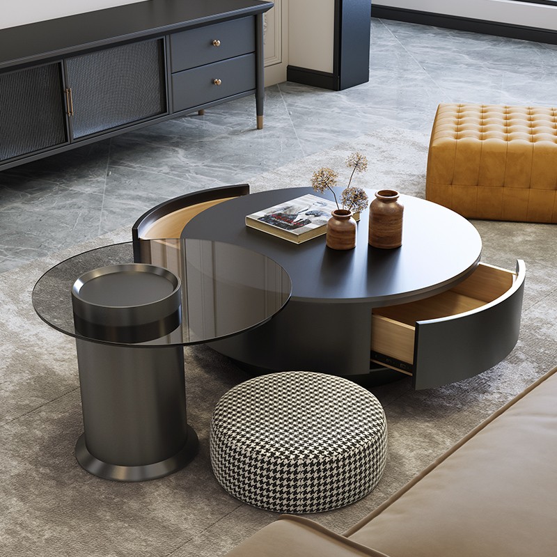 岩板圆形茶几客厅家用轻奢现代简约大小户型黑色茶桌玻璃意式极简