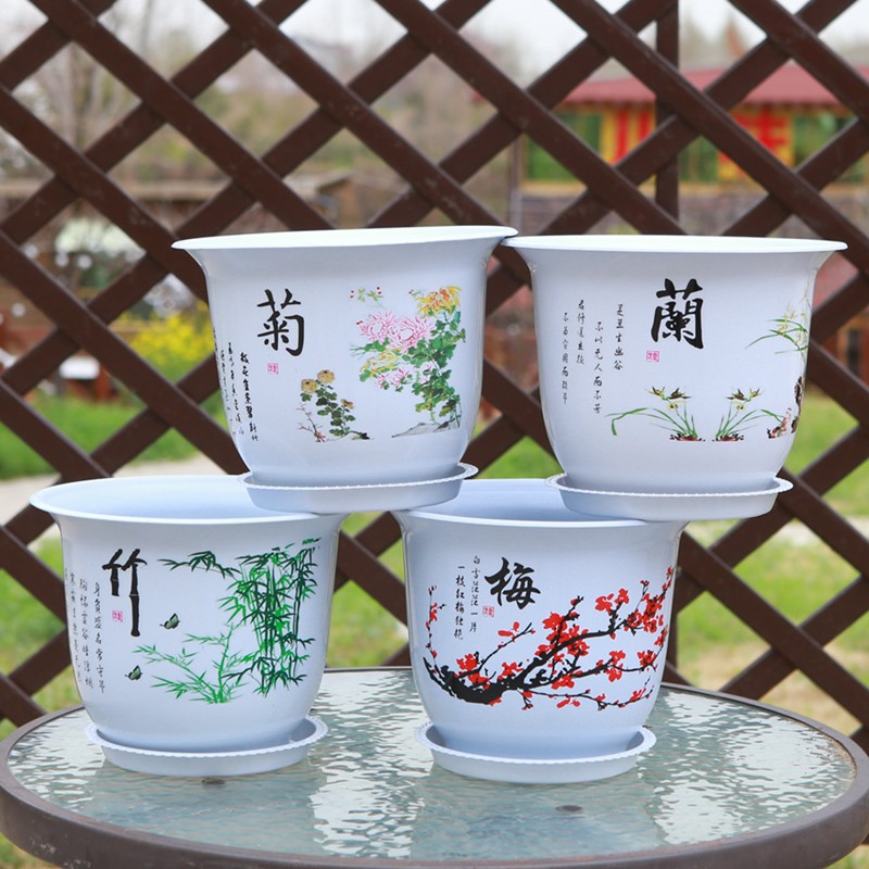 【发4个】厂家直销高档仿陶瓷梅兰竹菊树脂花盆加厚长寿抗晒高档