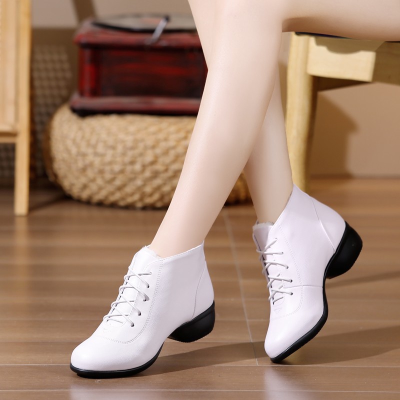 【直板连底】真皮冬季广场舞跳舞鞋水兵舞蹈鞋女中跟加绒休闲妈妈