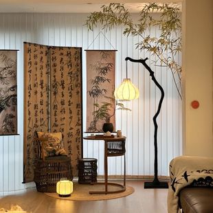 侘寂复古风树枝新中式禅意落地灯茶室书房氛围灯布艺灯笼落地灯饰