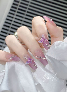 紫色蝴蝶穿戴气质显白指甲贴片 高级纯欲风ins美甲甲片中长款成品