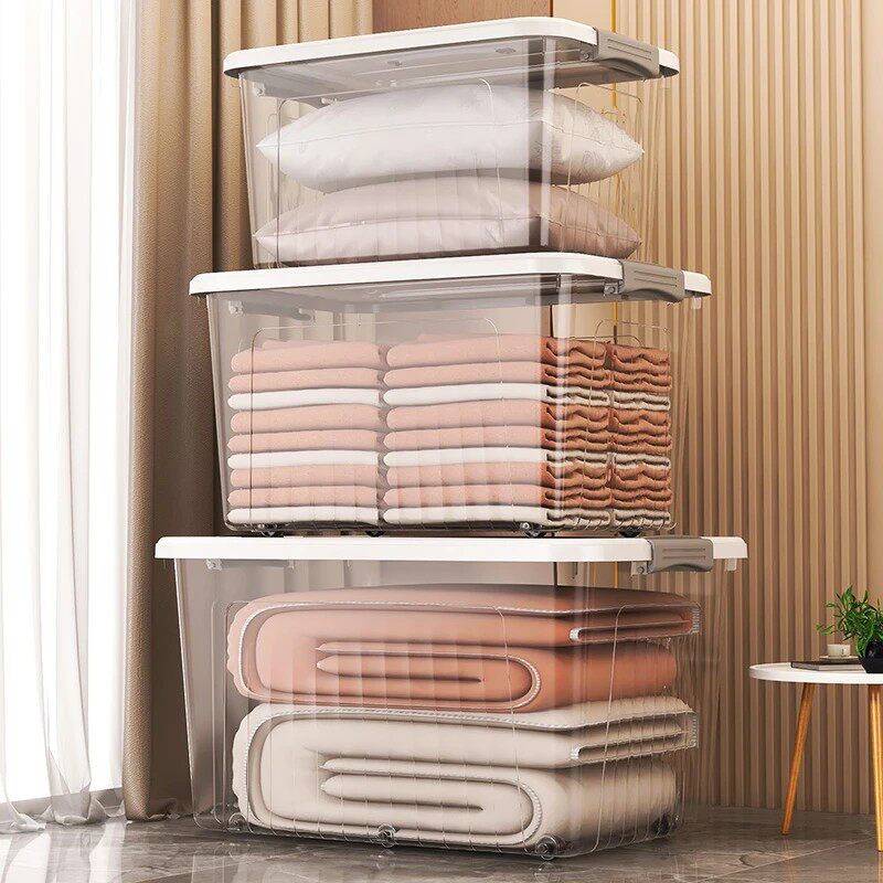 透明加厚收纳箱大号家用收纳整理杂物装玩具书本带滑轮卡扣收纳盒