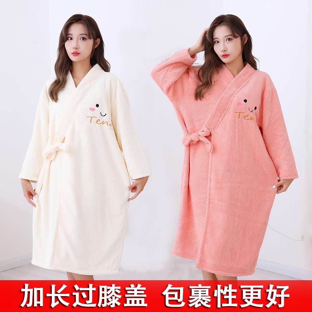 绑带笑脸浴袍速干吸水加长菠萝格可穿不掉毛洗澡巾裙成人家用睡衣